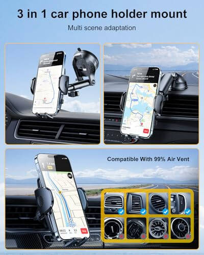 Rorhxia Car Phone Holder Mount [2024 Upgraded Groundbreaking Protection] 3 in 1 Dashboard Vent Windshield Cell Phone Holder Car Fit for iPhone 15 14 13 12 Pro Max Samsung S23 All Phones - 2