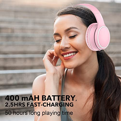 RORSOU B10 Wireless Headphones On-Ear, Lightweight Folding Deep Bass Bluetooth Headset with Mic, 50H Playtime, Volume Control, Bluetooth 5.3 Headphones for iPad/Travel/Tablet/PC (Pink) - 4