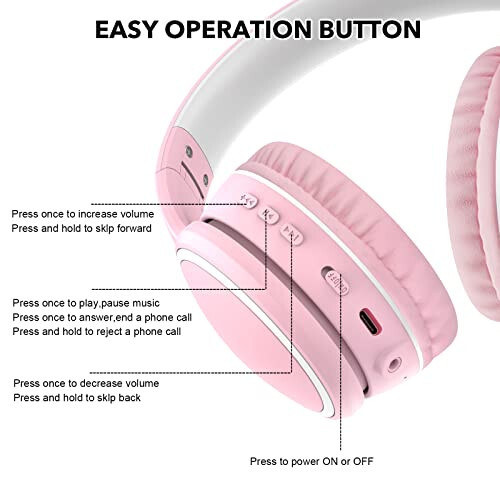 RORSOU B10 Wireless Headphones On-Ear, Lightweight Folding Deep Bass Bluetooth Headset with Mic, 50H Playtime, Volume Control, Bluetooth 5.3 Headphones for iPad/Travel/Tablet/PC (Pink) - 5