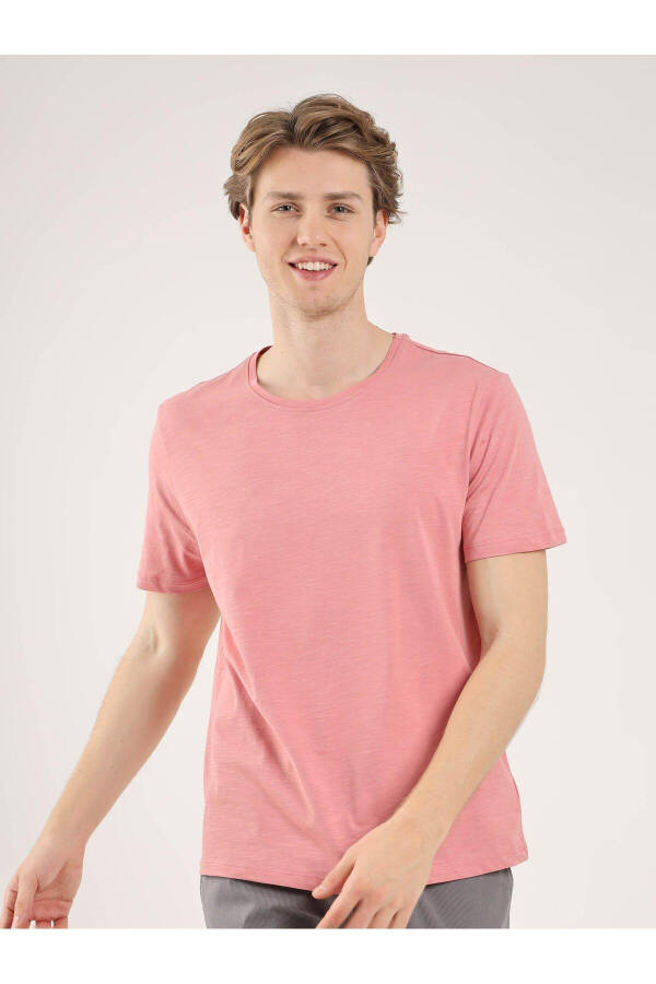 Rose Pink Men's Slim Fit Plain Crew Neck T-shirt - 70928 - 13