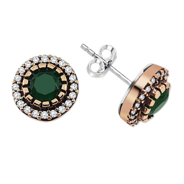 Round Design 925 Sterling Silver Earrings with Green Zircon Stone - 1