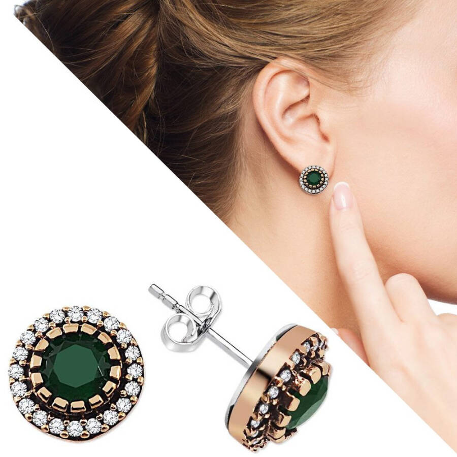 Round Design 925 Sterling Silver Earrings with Green Zircon Stone - 2