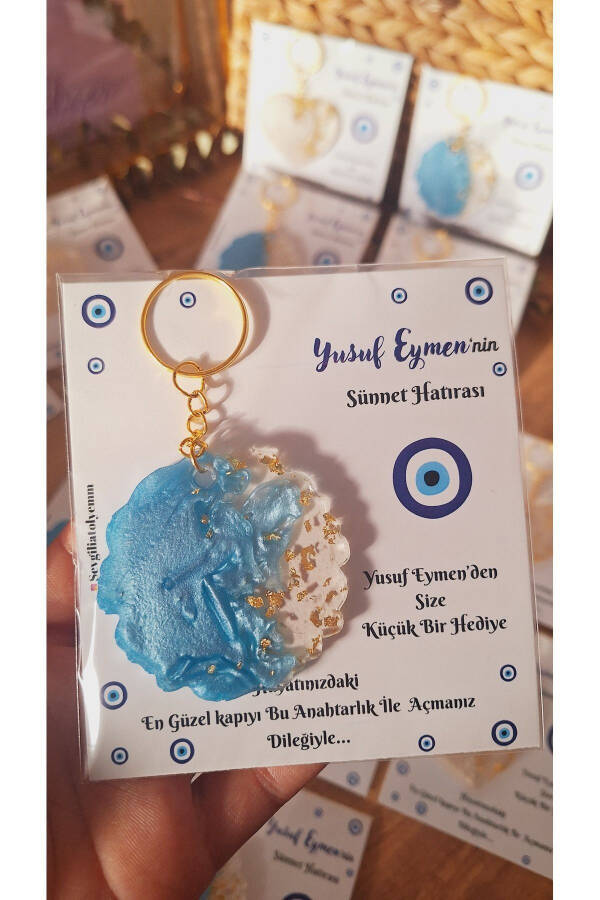 Round Keychain with Evil Eye Charm and Card for Mevlid, Circumcision, Baby Birthday Gifts 10 - 1