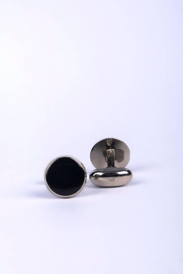 Round Shaped Cufflinks with Shiny Black Stones - 2