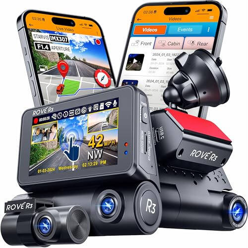 ROVE R3 Dash Cam Front and Rear with Cabin, 3” IPS Touch Screen, 3 Channel Dash Cam 1440P+1080P+1080P Car Camera with IR Night Vision, 5G WiFi, GPS, Supercapacitor, Supports up to 512GB Max - 1