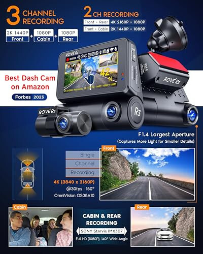 ROVE R3 Dash Cam Front and Rear with Cabin, 3” IPS Touch Screen, 3 Channel Dash Cam 1440P+1080P+1080P Car Camera with IR Night Vision, 5G WiFi, GPS, Supercapacitor, Supports up to 512GB Max - 2