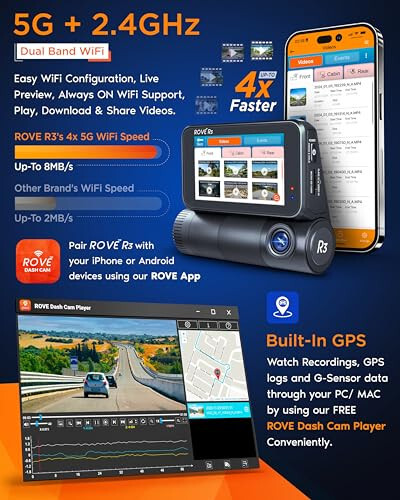 ROVE R3 Dash Cam Front and Rear with Cabin, 3” IPS Touch Screen, 3 Channel Dash Cam 1440P+1080P+1080P Car Camera with IR Night Vision, 5G WiFi, GPS, Supercapacitor, Supports up to 512GB Max - 3