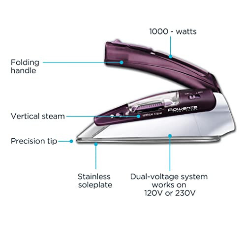 Rowenta, Travel Iron, Pro Compact Stainless Steel Soleplate Steam Iron for Clothes, 200 Microsteam Holes, 1000 Watts Ironing, Fabric Steamer, Dual Voltage, Purple Mini Iron, DA1560 - 2