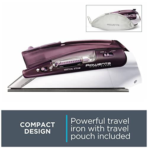 Rowenta, Travel Iron, Pro Compact Stainless Steel Soleplate Steam Iron for Clothes, 200 Microsteam Holes, 1000 Watts Ironing, Fabric Steamer, Dual Voltage, Purple Mini Iron, DA1560 - 6