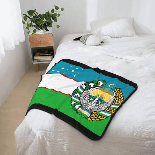 Rqwaaed Flag of Uzbekistan with Coat of Arms Double-Sided Blanket Experience Ultimate Comfort 40x50in - 3