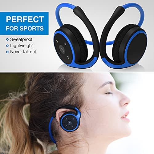 RTUSIA Small Bluetooth Headphones Wrap Around Head - Sports Wireless Headset with Built in Microphone and Crystal-Clear Sound, Foldable and Carried in The Purse, and 12-Hour Battery Life, Blue - 6