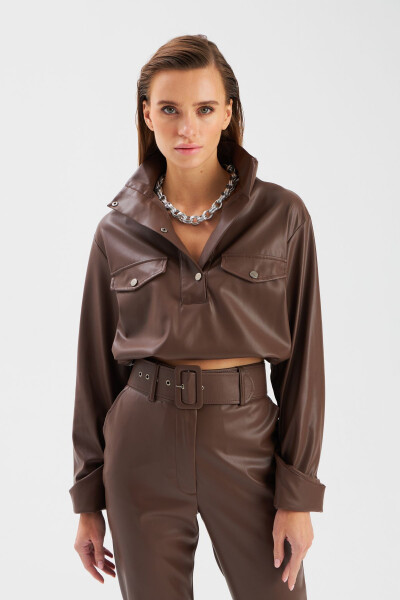 Ruched Leather Blouse - Dark Brown - 1