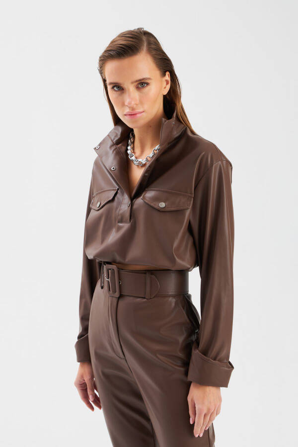 Ruched Leather Blouse - Dark Brown - 3