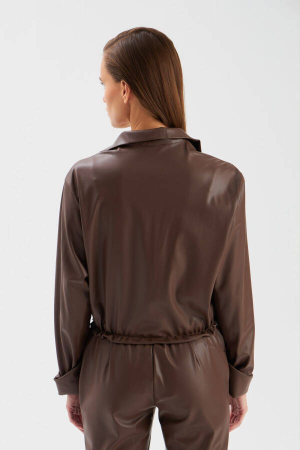 Ruched Leather Blouse - Dark Brown - 6