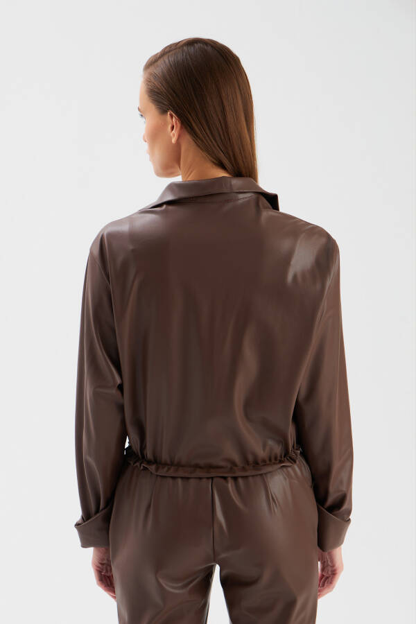 Ruched Leather Blouse - Dark Brown - 12