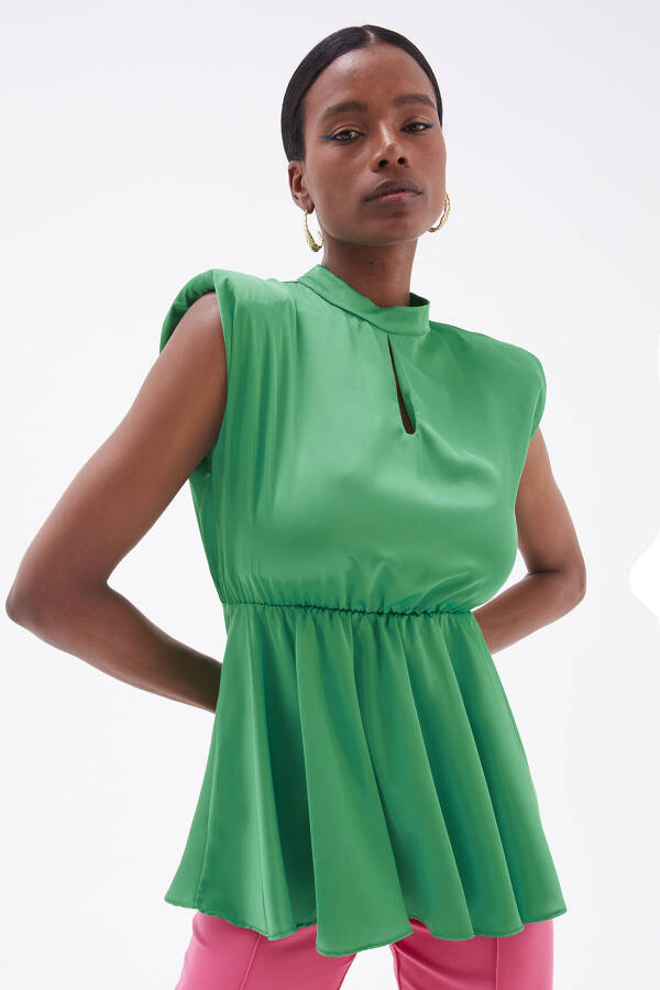 Ruffle Detail Satin Blouse - Emerald - 1