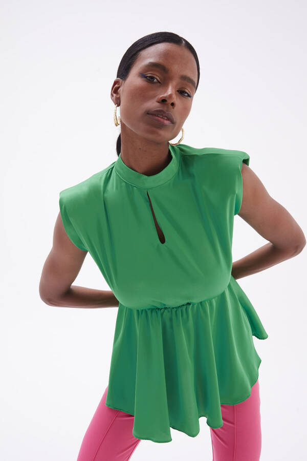 Ruffle Detail Satin Blouse - Emerald - 3