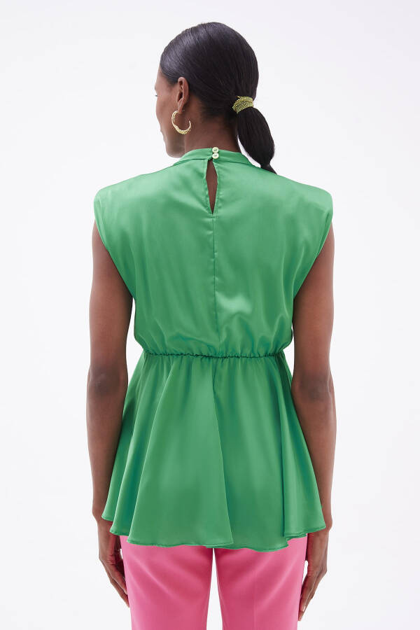 Ruffle Detail Satin Blouse - Emerald - 6