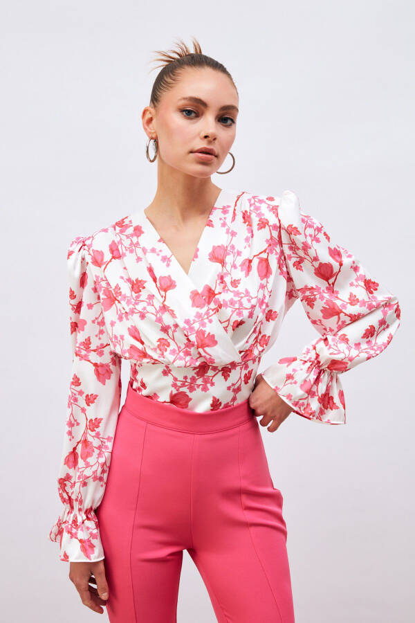 Ruffle Sleeve Satin Blouse - Fuchsia - 1