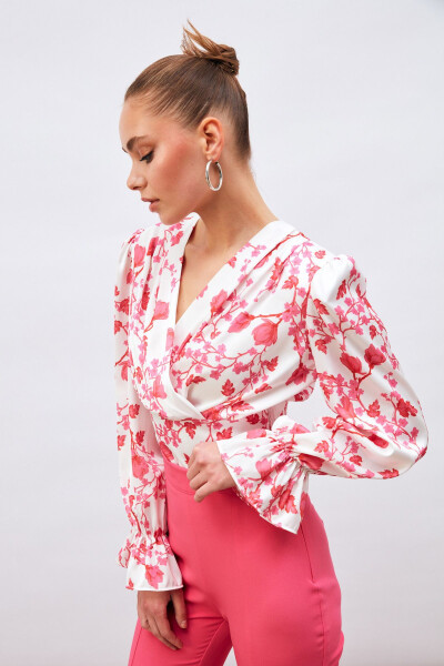 Ruffle Sleeve Satin Blouse - Fuchsia - 2