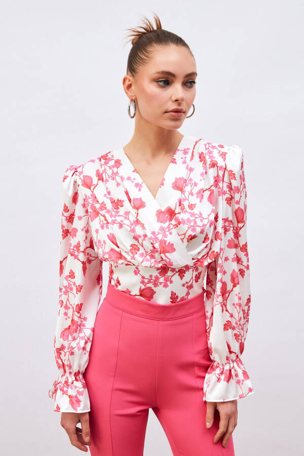 Ruffle Sleeve Satin Blouse - Fuchsia - 3