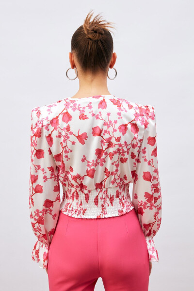 Ruffle Sleeve Satin Blouse - Fuchsia - 12