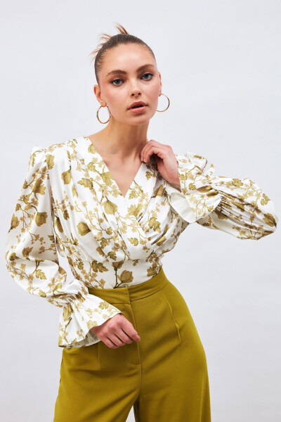 Ruffle Sleeve Satin Blouse - Khaki - 1