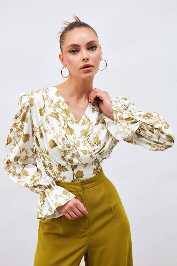 Ruffle Sleeve Satin Blouse - Khaki - 8