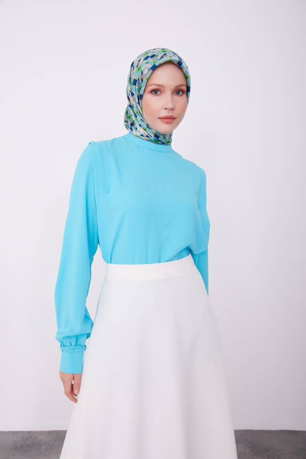 Ruffled shoulder blouse, 23K3342, Aqua - 1