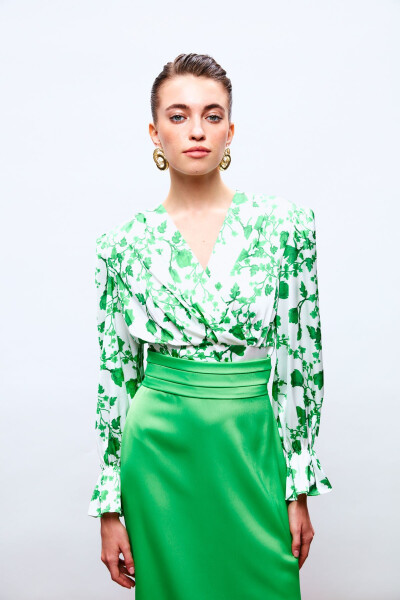 Ruffled Sleeve Satin Blouse - GREEN - 1