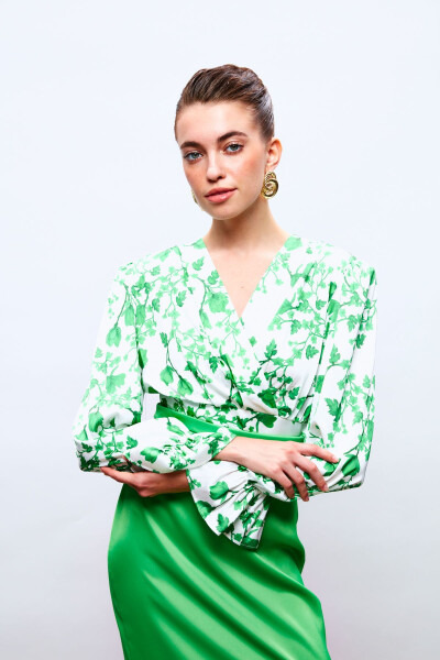 Ruffled Sleeve Satin Blouse - GREEN - 2