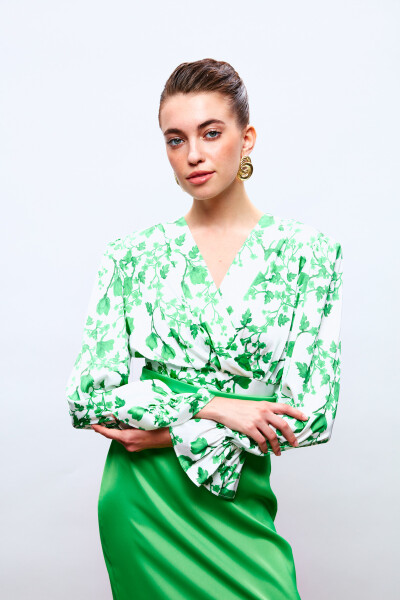 Ruffled Sleeve Satin Blouse - GREEN - 7