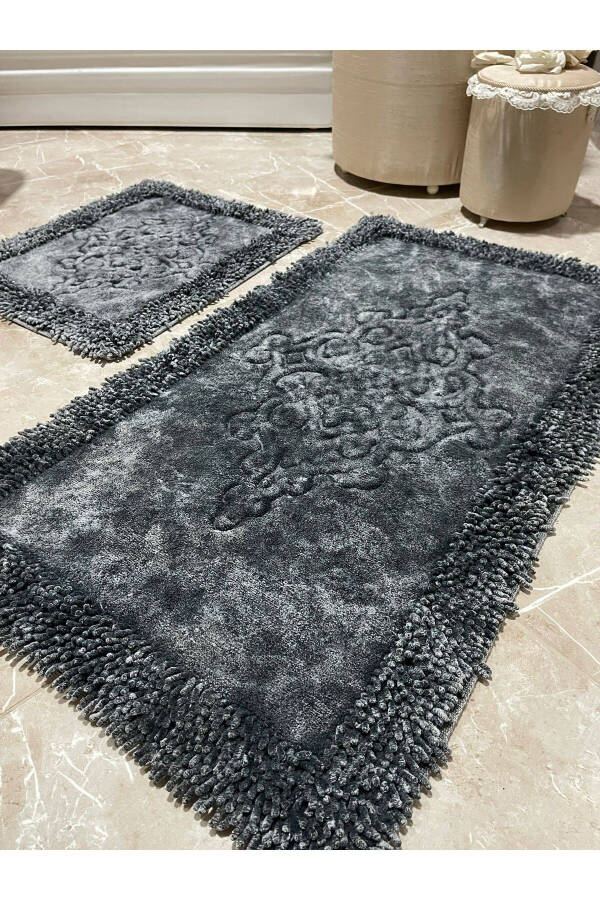 Rumeli Antique Edge Macaroni Cotton Bath Rug Set of 2 Anthracite - 9