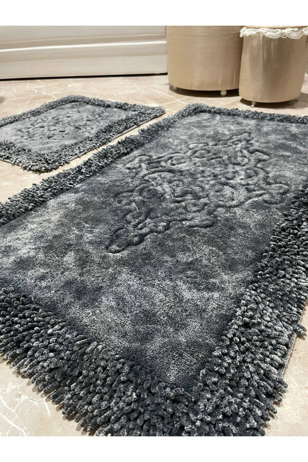 Rumeli Antique Edge Macaroni Cotton Bath Rug Set of 2 Anthracite - 11