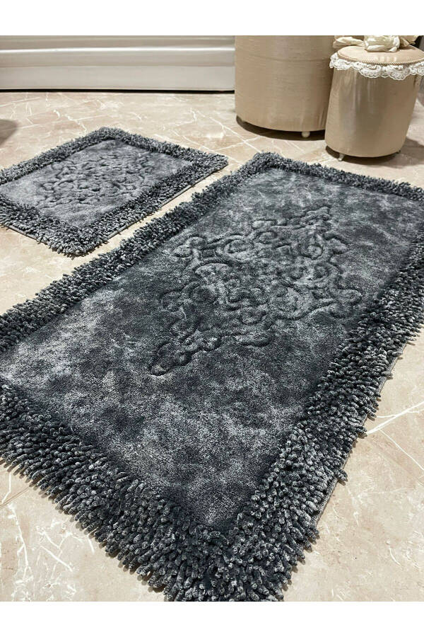 Rumeli Antique Edge Macaroni Cotton Bath Rug Set of 2 Anthracite - 5