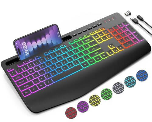 SABLUTE Wireless Keyboard with 9 Backlit Effects, Wrist Rest, Phone Holder, 2.4G Lag-Free Ergonomic Keyboards, Rechargeable Silent Cordless, for Computer, Laptop, Windows, Work, School (Keyboard Only) - 1