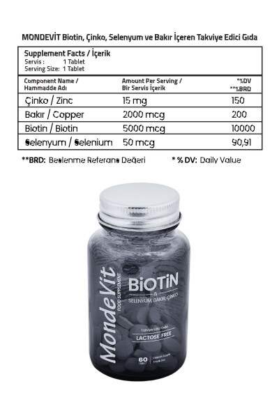 Saç Vitamini 60 Tablet Biyotin 5000 mcg - Çinko 15 mg - Bakır 2000 mcg - Selenyum 50 mcg - 5