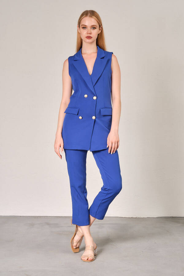 Saks Blue Blazer Vest Straight Leg Trousers Satin Fabric Suit Dress - 1