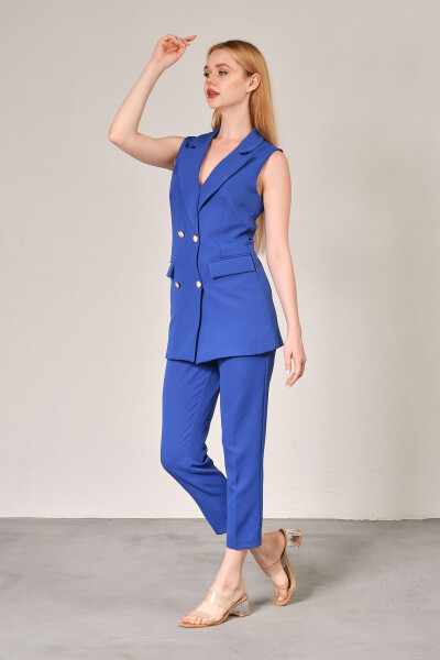 Saks Blue Blazer Vest Straight Leg Trousers Satin Fabric Suit Dress - 2