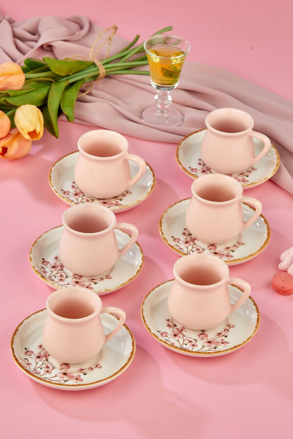 Sakura Blossom Pink 12 Piece Luxury Ceramic Coffee Cup Set, Turkish Coffee Cup - 1