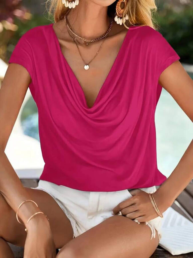 Sandy blouse with a decolletage neckline and short sleeves. - 2