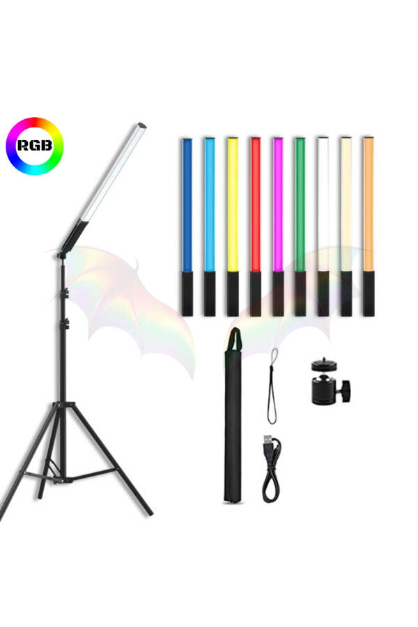 Şarjlı 1 Adet Fotoğrafçılık Işık Çubuğu Rgb Aydınlatma Ledi Canlı Video Çekimi Işığı 2+1 Mt Tripod - 1