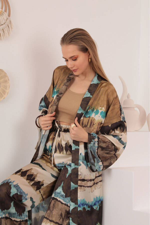 Saten Kumaş Batik Desen Kadın Kimono - Mavi - 3