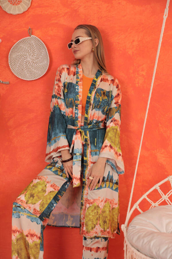 Saten Kumaş Batik Desen Kadın Kimono - YAĞ YEŞİLİ - 13