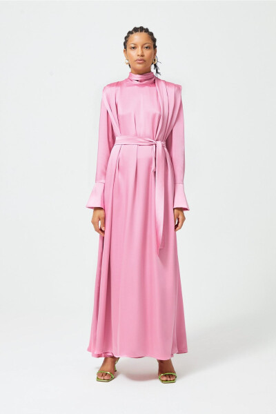 Satin Dress with Cuffed Sleeves - 9