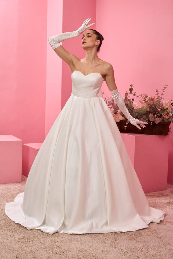 Satin Wedding Dress with White Ribbon Detail and Hand Fan Gift - 1