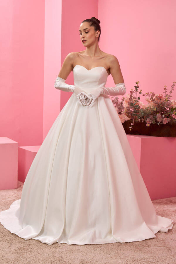 Satin Wedding Dress with White Ribbon Detail and Hand Fan Gift - 2