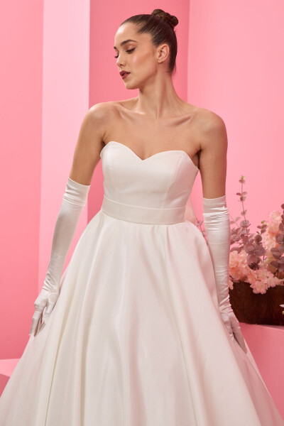 Satin Wedding Dress with White Ribbon Detail and Hand Fan Gift - 3