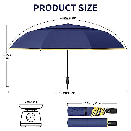 SATOL 62 Inch Large Golf Umbrella for Rain, Automatic Oversize Windproof Double Canopy Vented 8 Ribs Sturdy Portable Folding Umbrella for Travel, UPF 50+ Compact Lightweight Wind Resistant Sun & Rain Umbrellas for Women and Men - 2