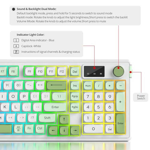 SbocKeeb 96% Беспроводная клавиатура с числовой клавиатурой и ручкой, 3 режима проводной/Bluetooth 5.0/2.4G 98 клавиш ABS шаровые колпачки RGB тихая механическая мембранная игровая клавиатура для Win/Mac (снежно-зеленая) - 6